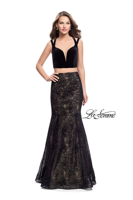 Picture of: Long Two Piece Prom Dress with Velvet Top in Black, Style: 25772, Main Picture