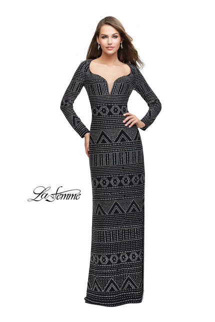 Picture of: Form Fitting Prom Dress with Metallic Studs and Open Back in Black, Style: 25872, Main Picture