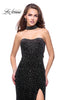 Picture of: Long Strapless Velvet Prom Gown with Cascading Beads in Black, Style: 26239, Main Picture