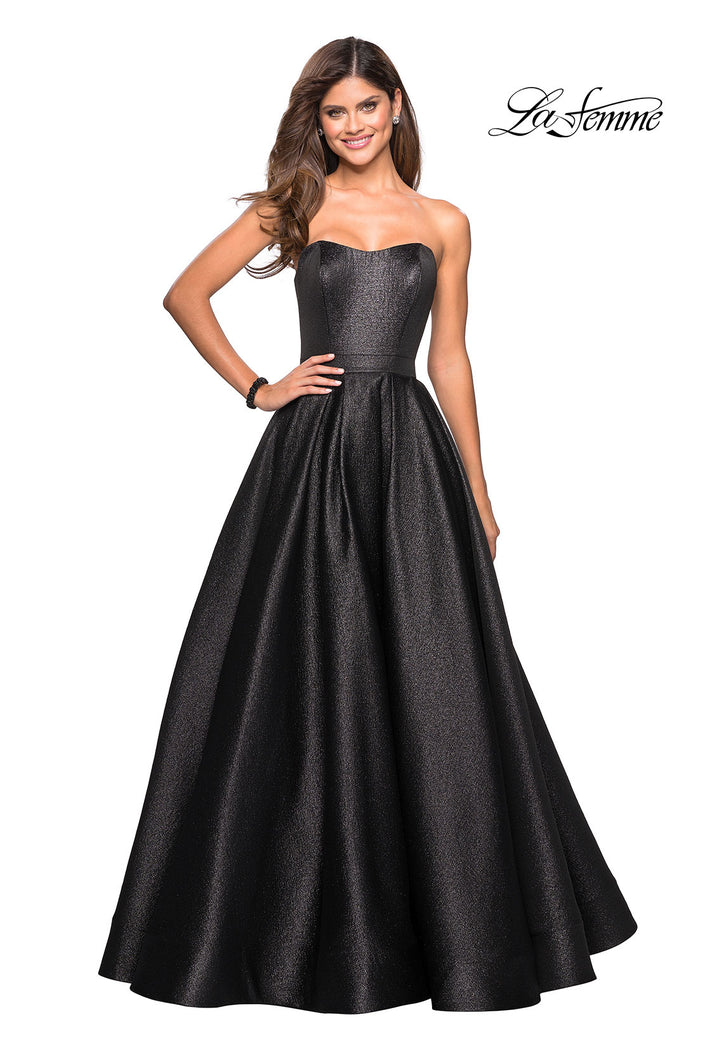 Picture of: Long Metallic Strapless A Line Ball Gown in Black, Style: 27280, Main Picture
