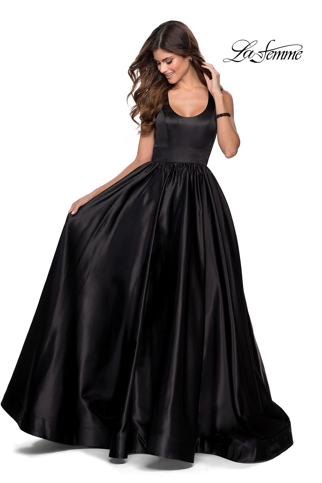 Picture of: Satin Ball Gown with Criss Cross Back and Pockets in Black, Style: 28281, Main Picture
