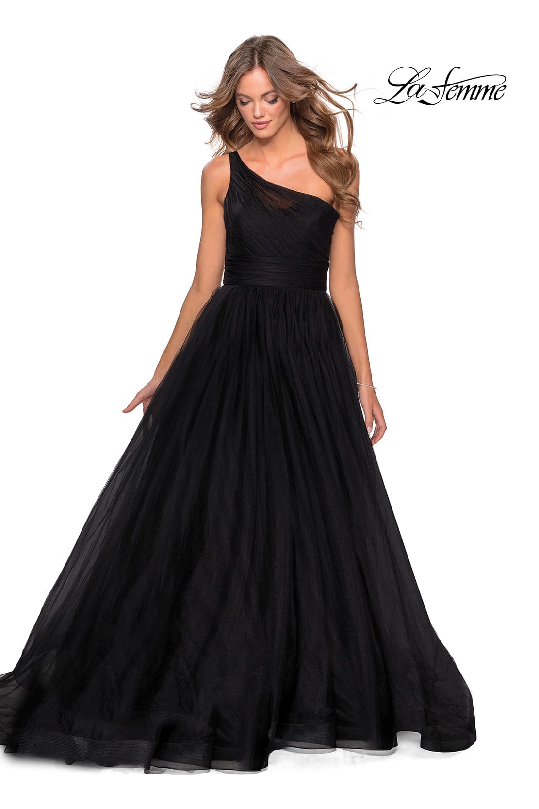 Picture of: One Shoulder Tulle Ball Gown with Pockets in Black, Style: 28383, Main Picture