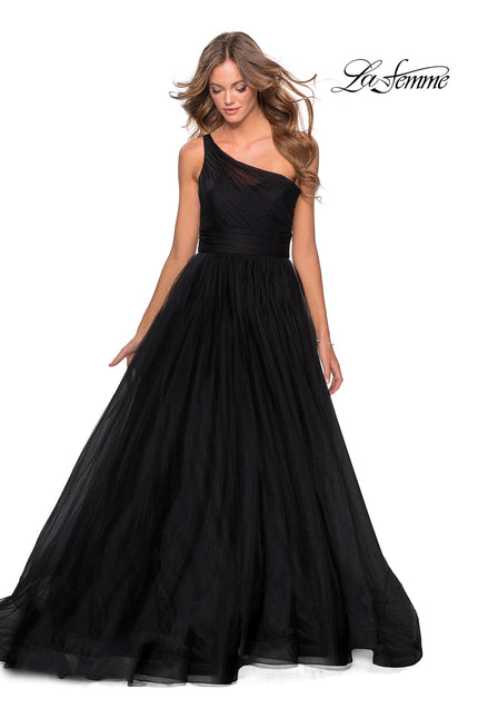 Picture of: One Shoulder Tulle Ball Gown with Pockets in Black, Style: 28383, Main Picture