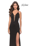 Picture of: Fitted Matte Jersey Gown with Unique Deep V Neckline in Black, Style: 31370, Main Picture