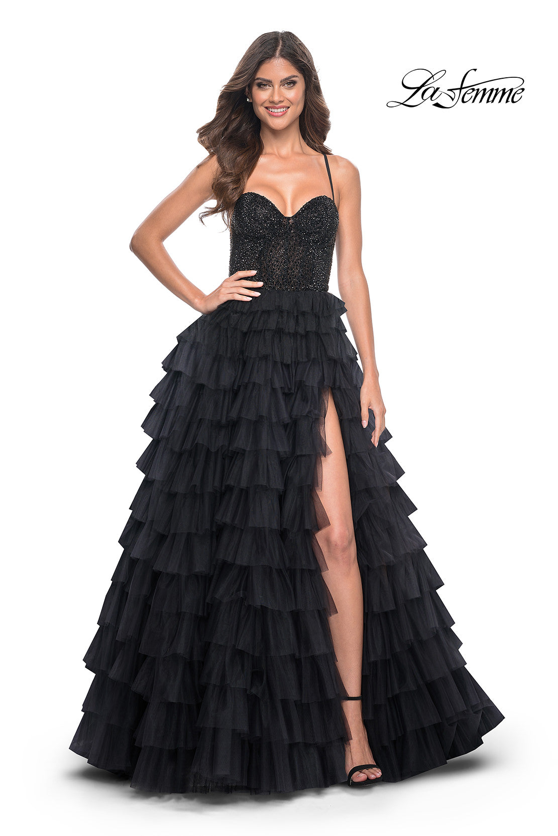 Picture of: Tiered Ruffle Tulle Prom Dress with Rhinestone Embellished Bodice in Black, Style: 32002, Main Picture