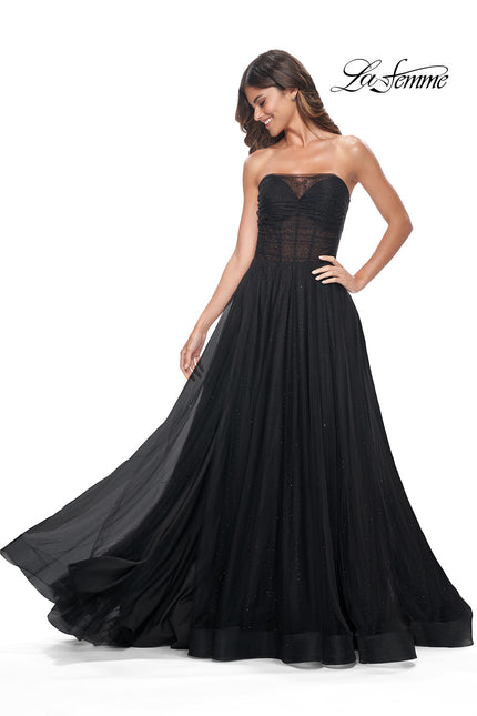 Picture of: Rhinestone Embellished Tulle Gown with Strapless Top in Black, Style: 32029, Main Picture