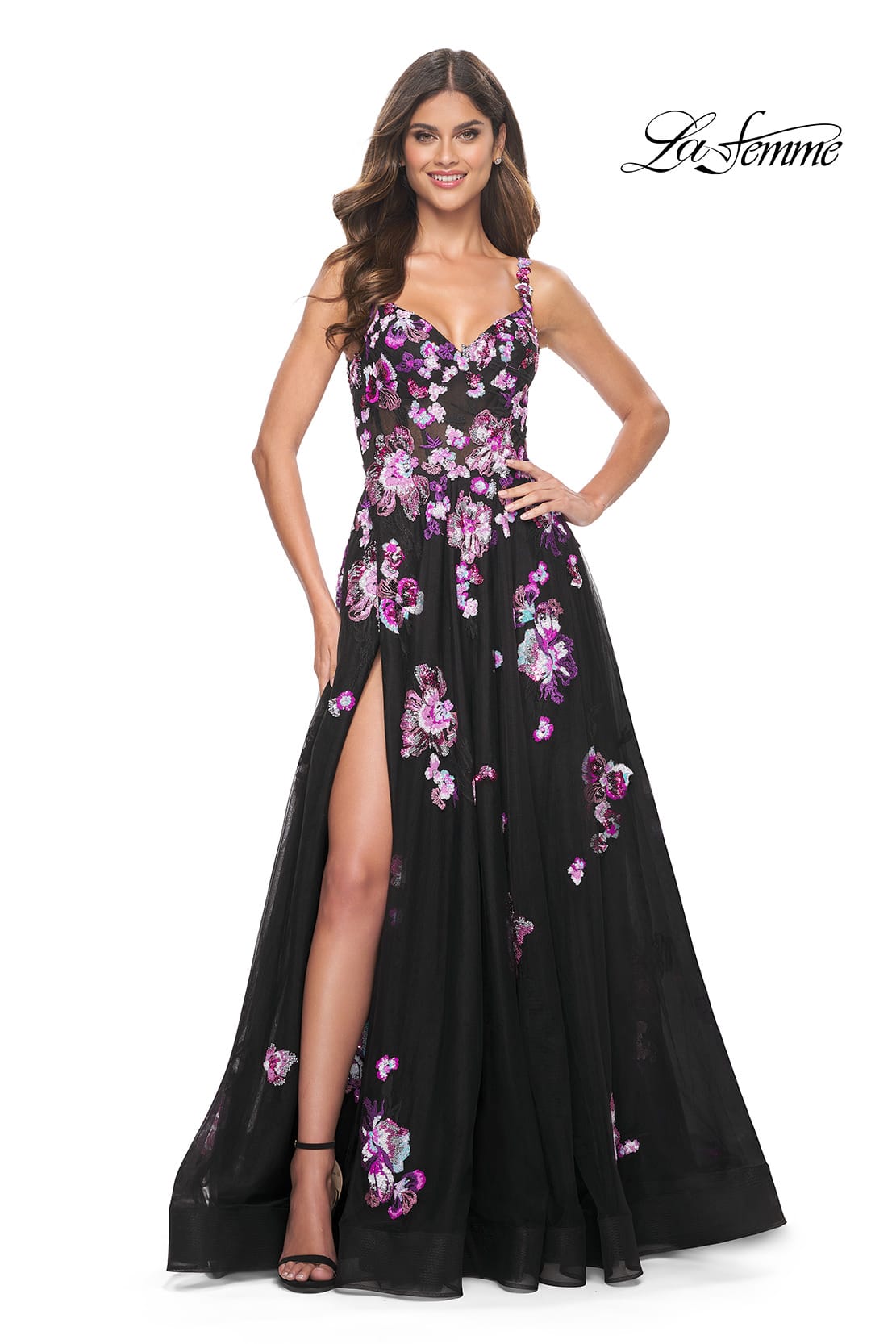 Picture of: Pretty Lace Sequin Embellished Gown with High Slit in Black, Style: 32030, Main Picture