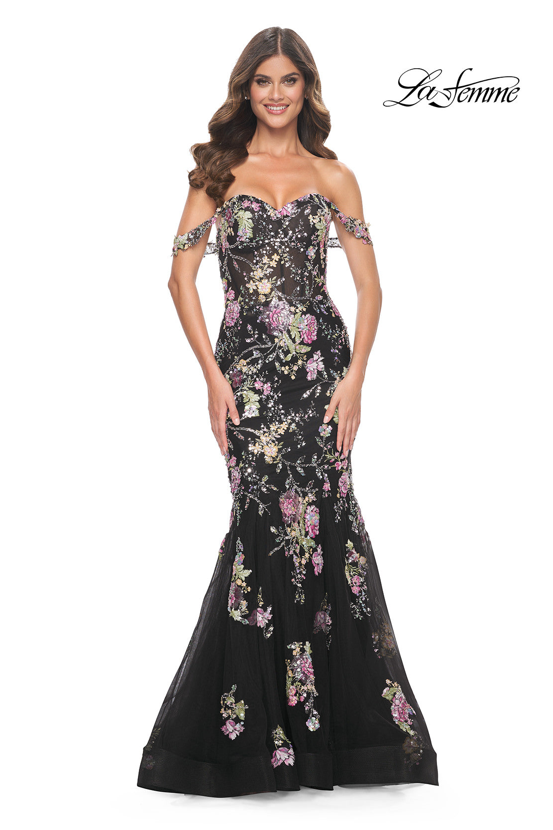 Picture of: Mermaid Prom Dress with Off the Shoulder Sleeve and Unique Sequin Lace in Black, Style: 32087, Main Picture