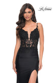 Picture of: Sheer Lace Top with Ruched Jersey Skirt Prom Dress in Black, Style: 32132, Main Picture