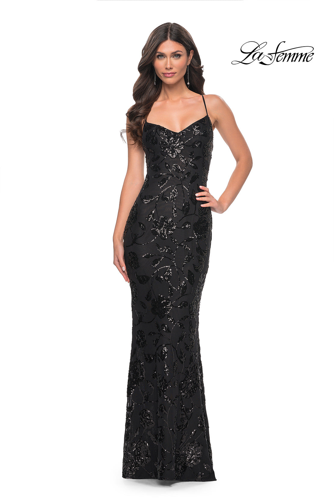 Picture of: Black Print Sequin Stretch Dress with Lace Up Back in Black, Style: 32415, Main Picture