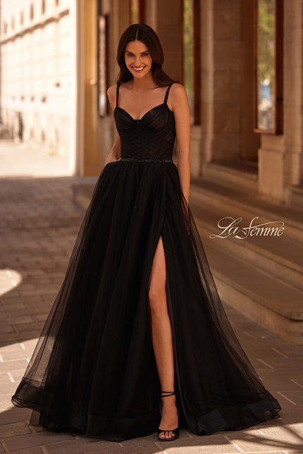 Picture of: A-line Prom Dress with Tulle Skirt and Rhinestone Belt in Black , Style 32656, Main Picture