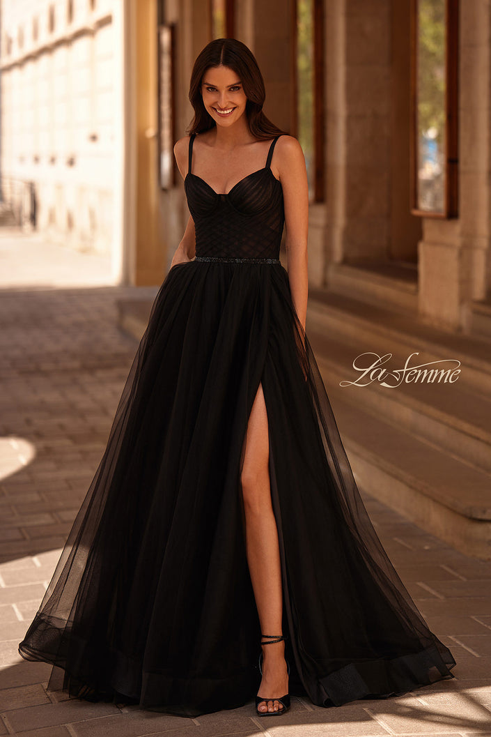Picture of: A-line Prom Dress with Tulle Skirt and Rhinestone Belt in Black , Style 32656, Main Picture