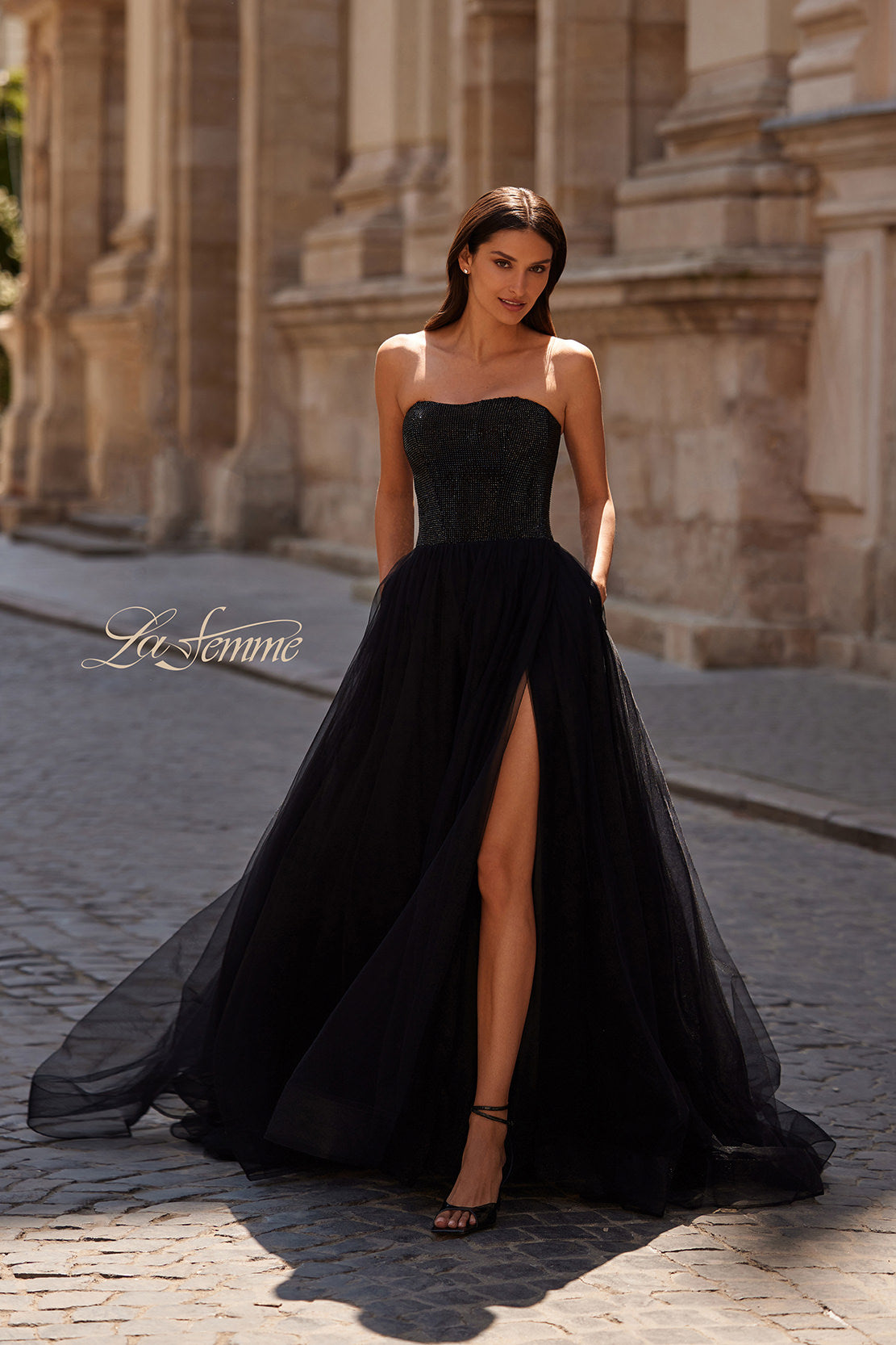 Picture of: Strapless A-line Dress with Full Rhinestone Top in Black , Style 32690, Main Picture