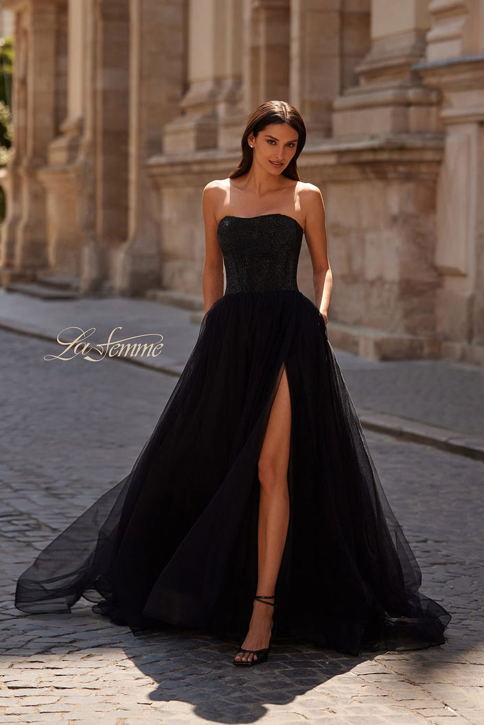 Picture of: Strapless A-line Dress with Full Rhinestone Top in Black , Style 32690, Main Picture