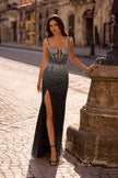 Picture of: Rhinestone Embellished Fitted Prom Dress with Corset and Deep V in Black , Style 32717, Main Picture
