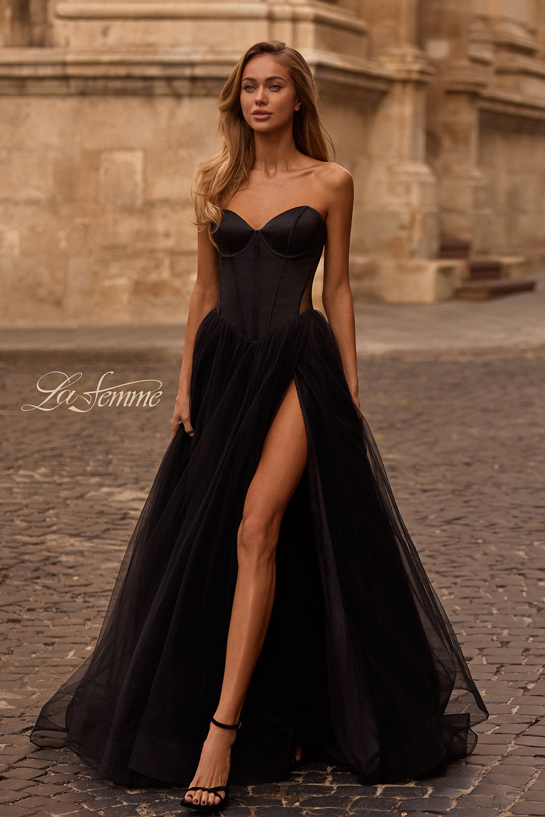 Picture of: Strapless Tulle Evening Dress with Basque Waist and Satin Bodice in Black , Style 32771, Main Picture