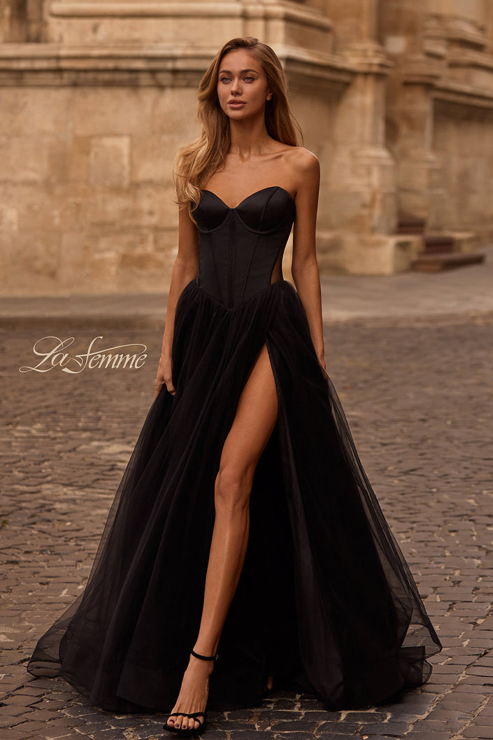Picture of: Strapless Tulle Evening Dress with Basque Waist and Satin Bodice in Black , Style 32771, Main Picture