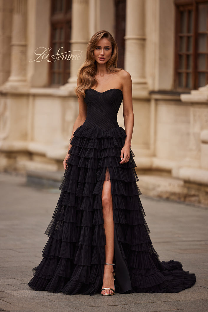 Picture of: Strapless Tiered Ruffle Gown with Pleated Bodice and Front Slit in Black, Style: 33202, Main Picture