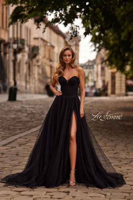 Picture of: Strapless A-Line Gown with Sheer Corset Bodice and High Slit in Black, Style: 33307, Main Picture