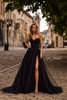 Picture of: Strapless A-Line Gown with Sheer Corset Bodice and High Slit in Black, Style: 33307, Main Picture