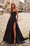 Picture of: Strapless A-Line Mikado Gown with Lace Trim and High Slit in Black, Style: 33353, Main Picture