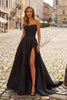 Picture of: Strapless A-Line Mikado Gown with Lace Trim and High Slit in Black, Style: 33353, Main Picture