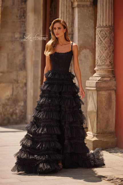 Picture of: Tiered Ruffle Gown with Beaded Bodice and High Slit in Black, Style: 33493, Main Picture