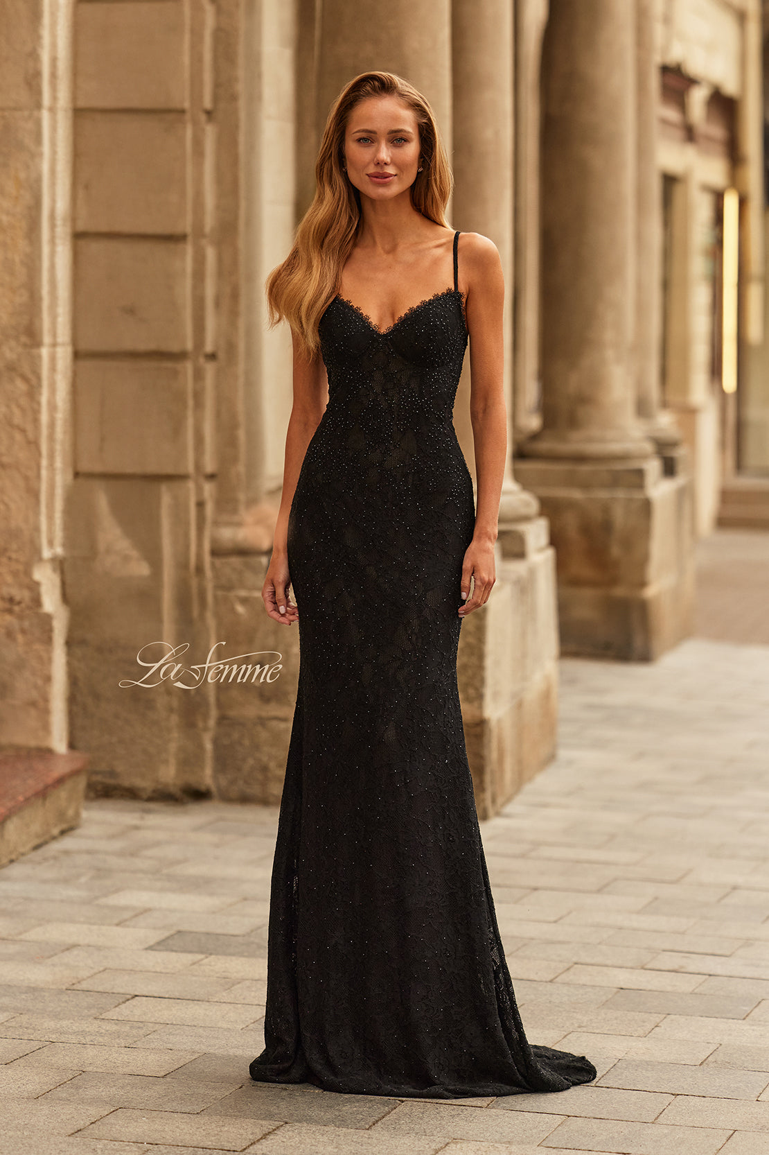 Picture of: Lace Fitted Gown with Crisscross Back and Rhinestones in Black, Style: 33514, Main Picture