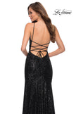 Picture of: Lace Up Back Sequin Gown with Flare Skirt in Black, Style 29741, Detail Picture 8