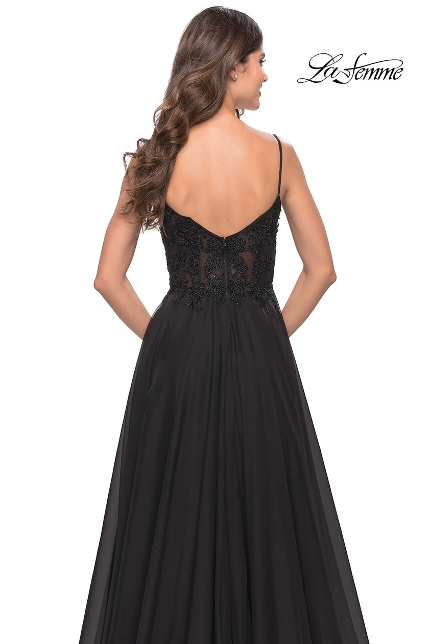 Picture of: A-line Gown with Sheer Floral Embellished Bodice in Jewel Tones in Black, Style: 30639, Detail Picture 8