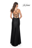 Picture of: Jersey Dress with Ruched Waist and Lace Up Back in Black, Style: 31987, Detail Picture 8