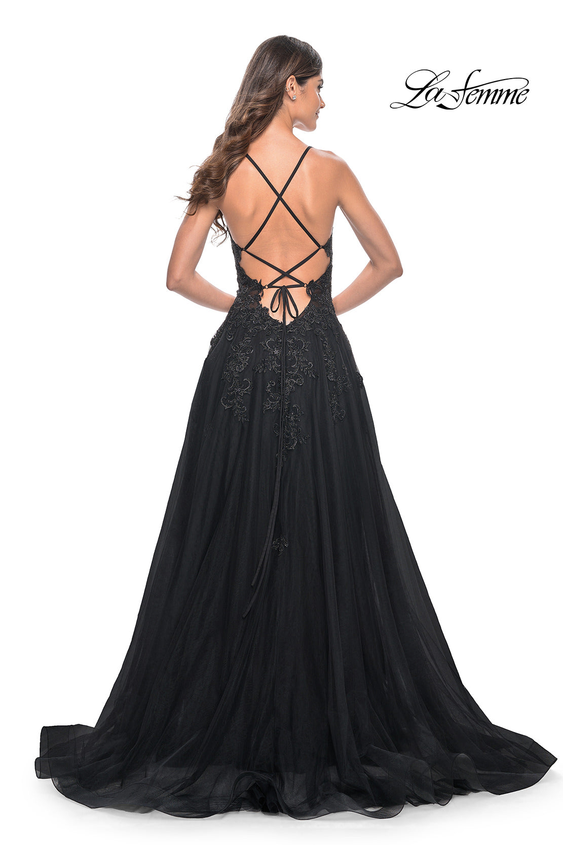 Picture of: A-Line Tulle Dress with Rhinestone Embellished Lace Applique in Black, Style: 32022, Detail Picture 8