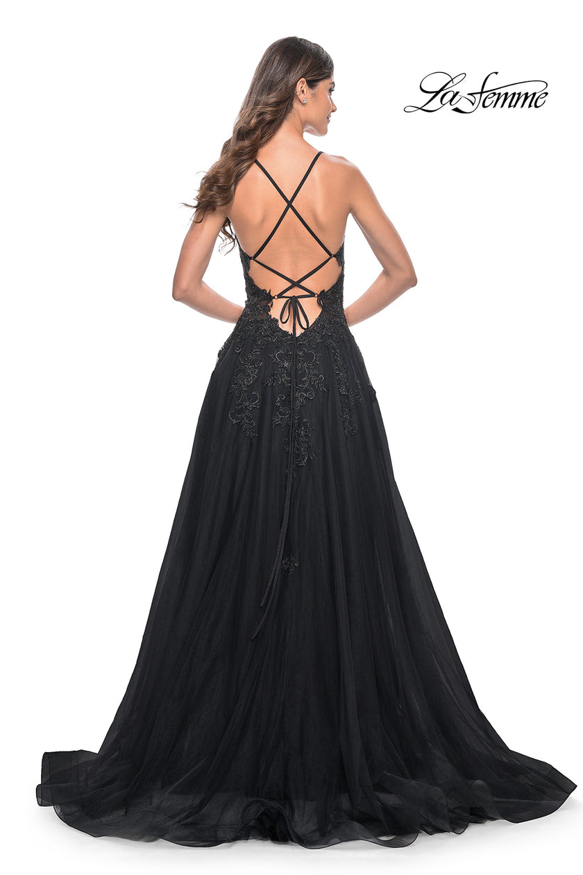 Picture of: A-Line Tulle Dress with Rhinestone Embellished Lace Applique in Black, Style: 32022, Detail Picture 8