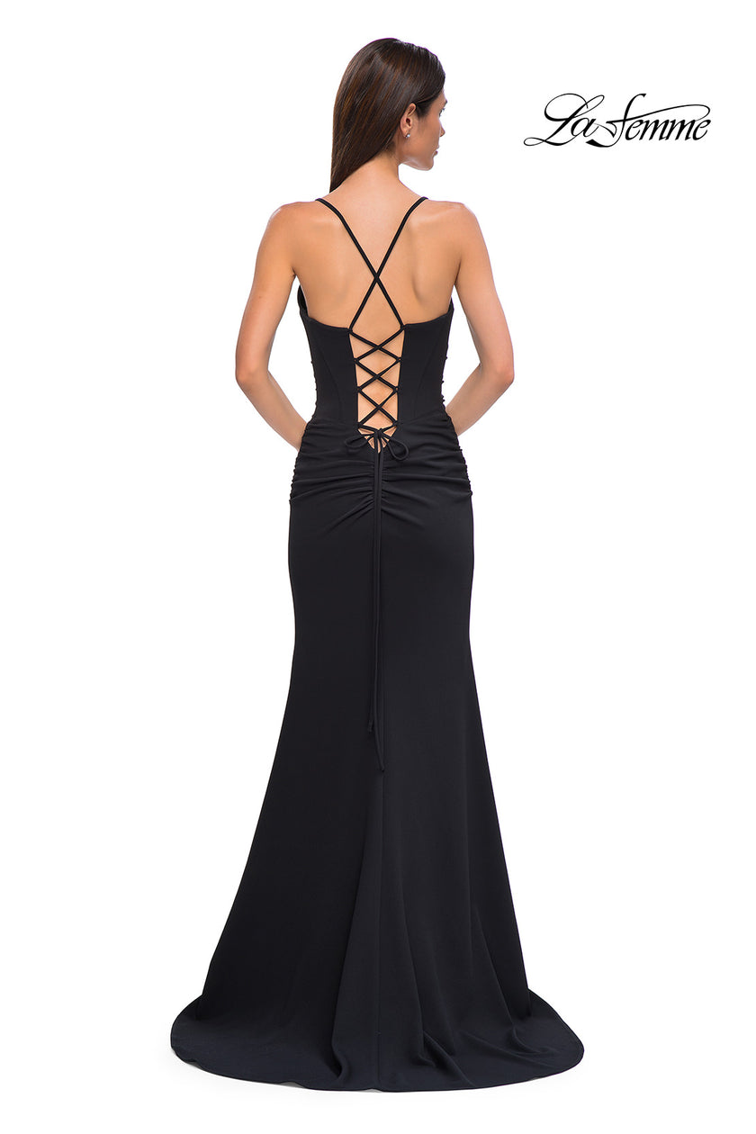 Picture of: Ruched Long Jersey Dress with Draped Rhinestone Neckline in Black , Style 32802, Detail Picture 8
