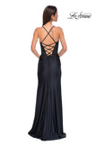 Picture of: Long Jersey Evening Dress with Sheer Rhinestone Top and V Neck in Black , Style 32845, Detail Picture 8