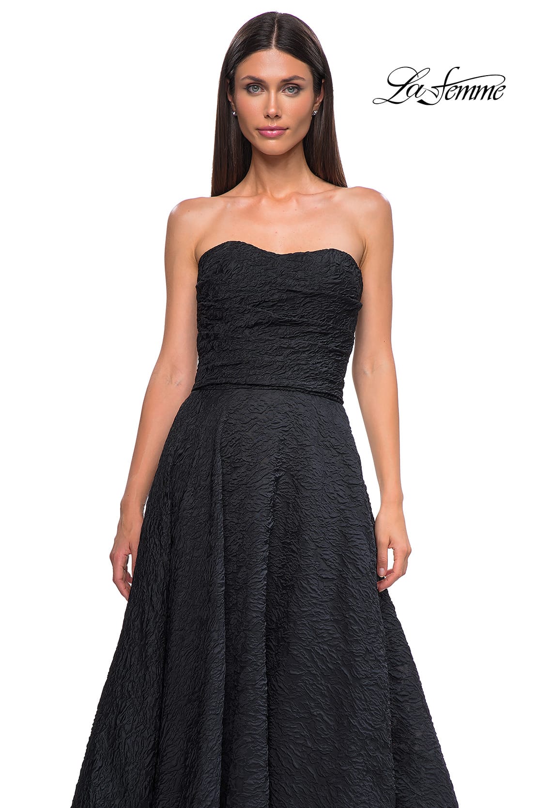 Picture of: Textured Jacquard Evening Gown with Strapless Top in Black , Style 32893, Detail Picture 8