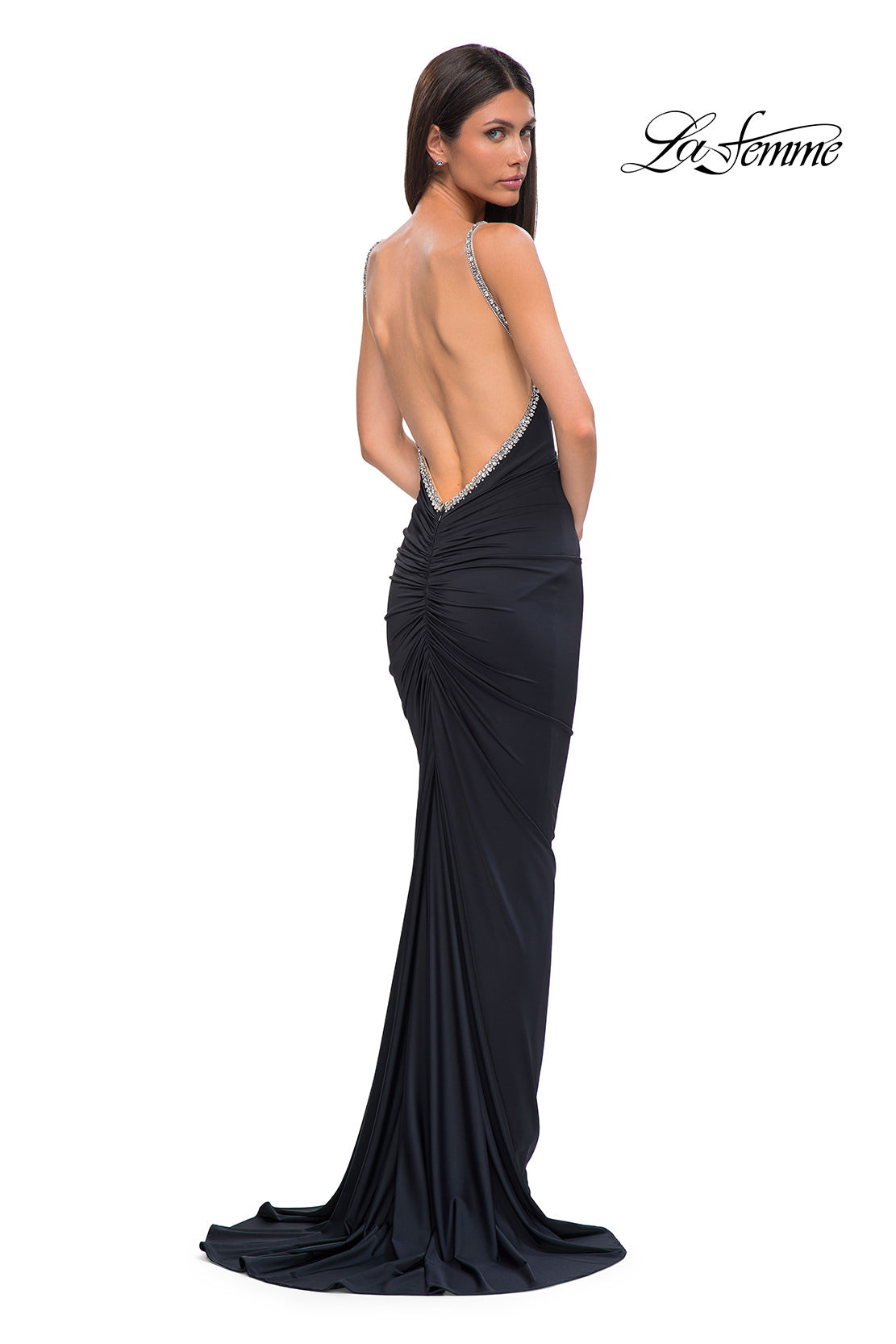 Picture of: Ruched Long Prom Dress with Low Back and Rhinestone Details in Black , Style 32970, Detail Picture 8