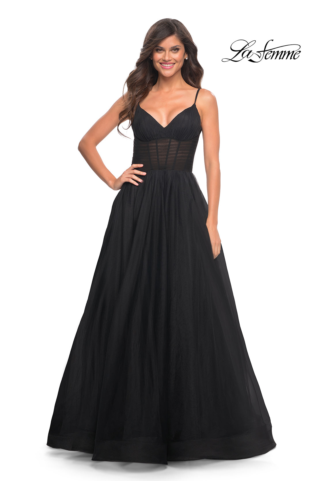 Picture of: Tulle A-line Prom Dress with Corset Sheer Bodice in Black, Style: 30334, Detail Picture 9