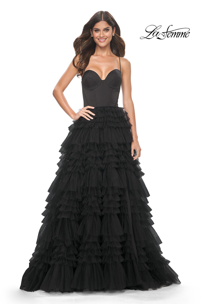Picture of: Ruffle Tulle A-Line Dress with Satin Bustier Top in Black, Style: 32071, Detail Picture 9