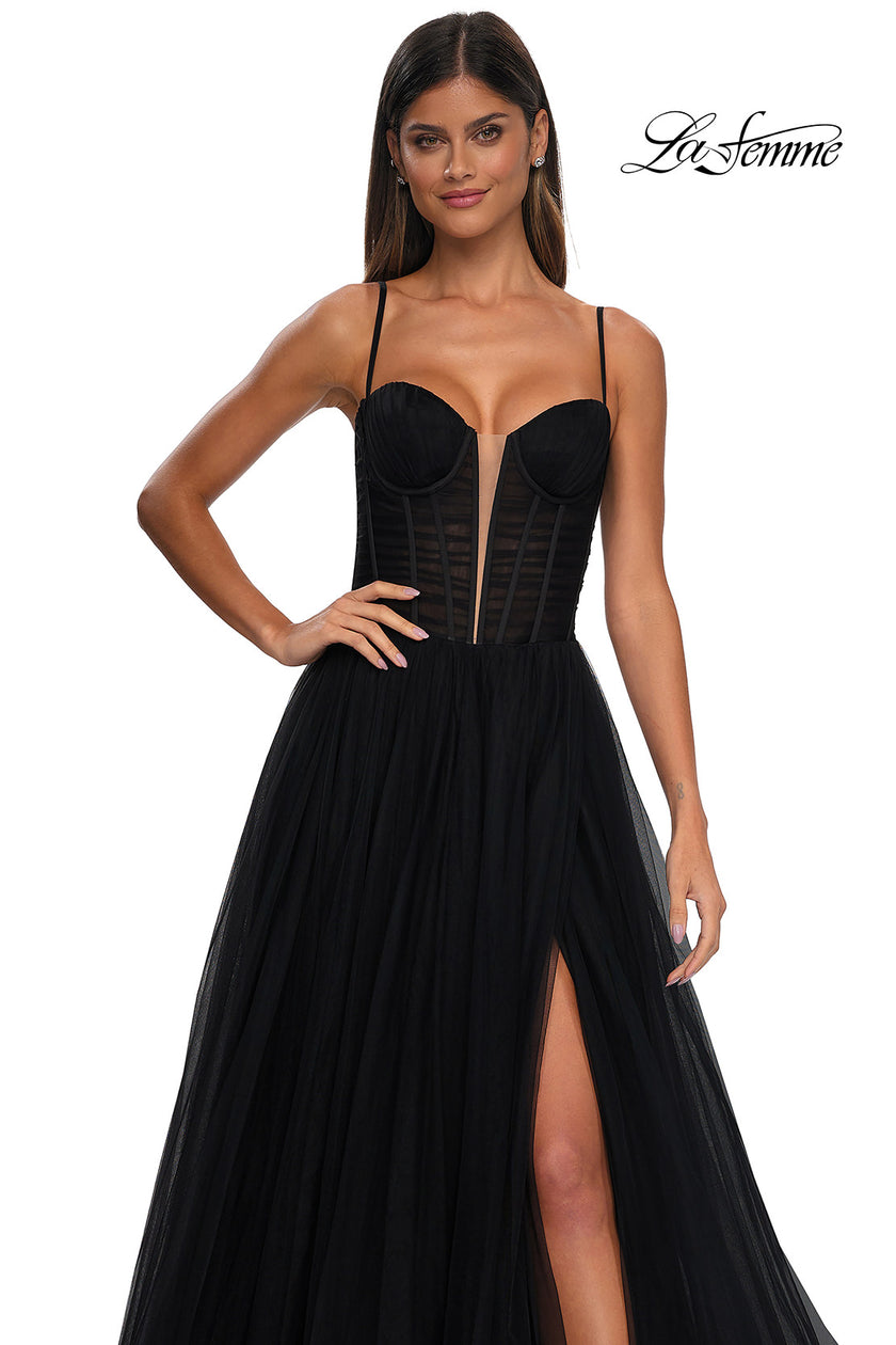 Picture of: Tulle Prom Dress with A-Line Skirt and Ruched Corset Top in Black, Style: 32700, Detail Picture 9