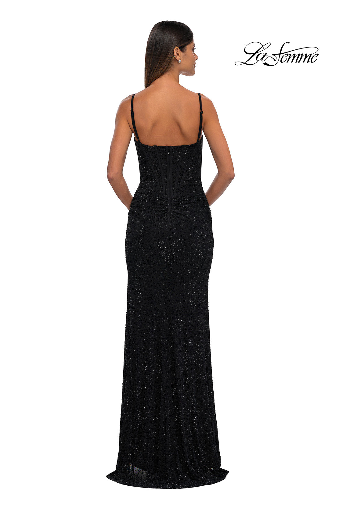 Picture of: Rhinestone Net Jersey Ruched Dress with Corset Top in Black, Style: 32753, Detail Picture 9