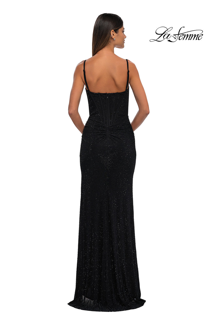 Picture of: Rhinestone Net Jersey Ruched Dress with Corset Top in Black, Style: 32753, Detail Picture 9