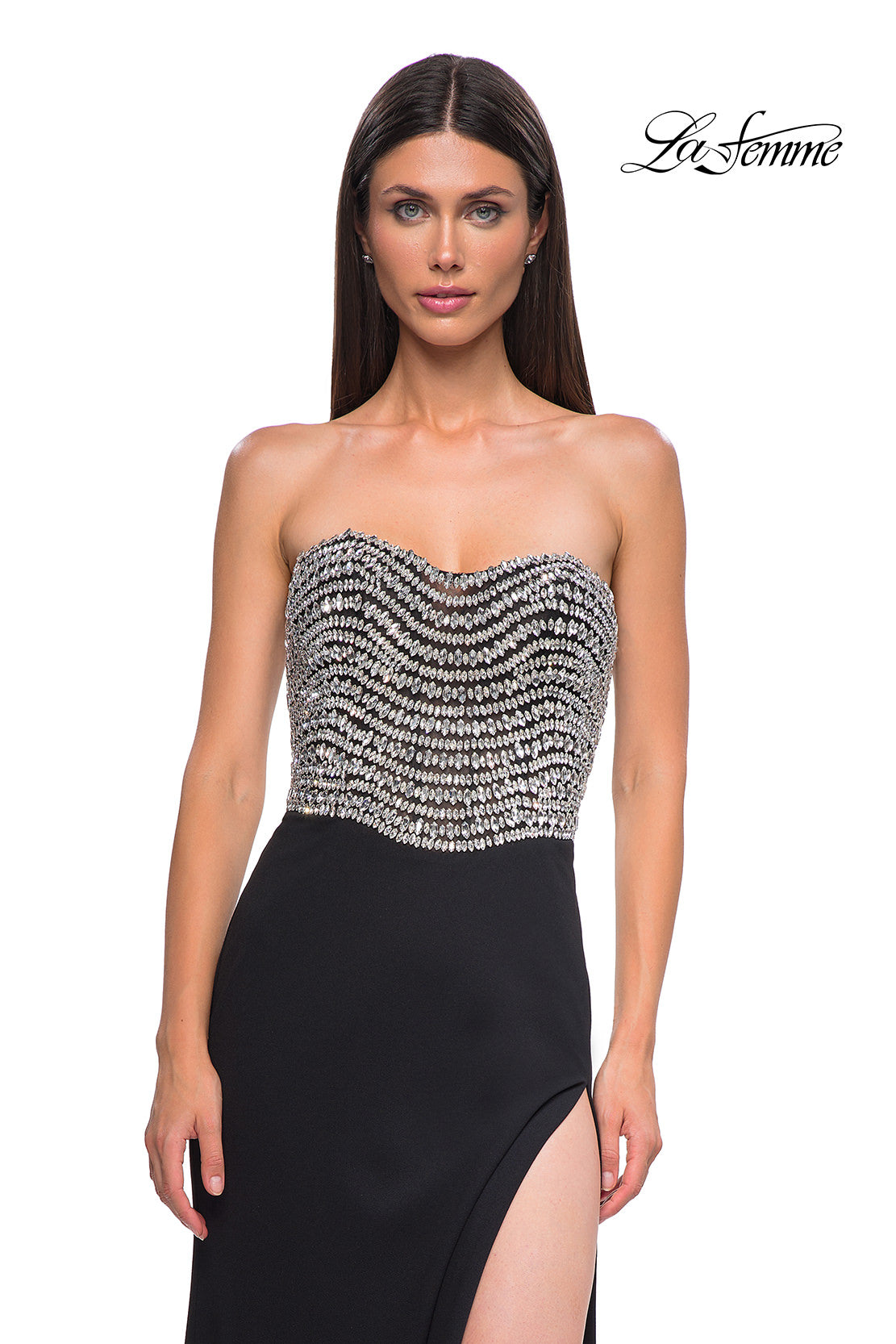 Picture of: Stunning Rhinestone Beaded Top Evening Dress with Jersey Skirt in Black , Style 32910, Detail Picture 9