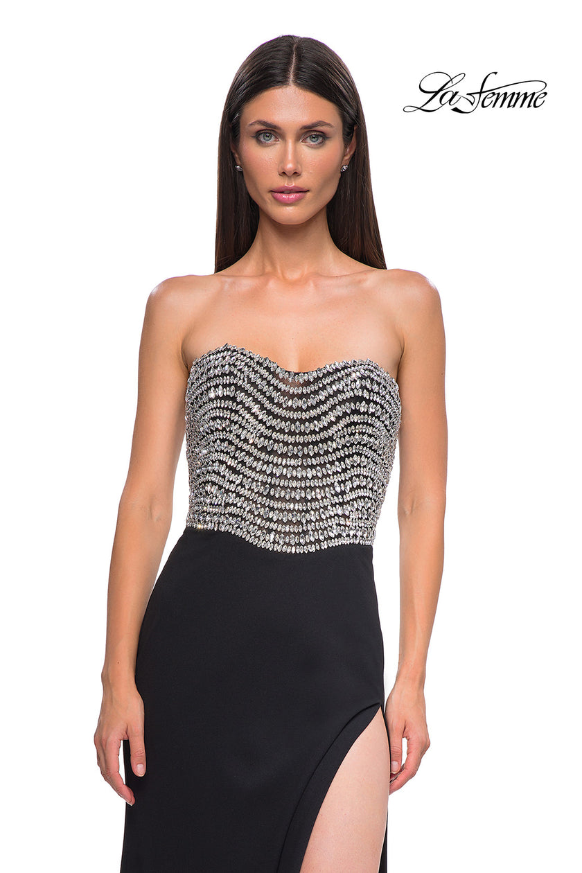 Picture of: Stunning Rhinestone Beaded Top Evening Dress with Jersey Skirt in Black , Style 32910, Detail Picture 9