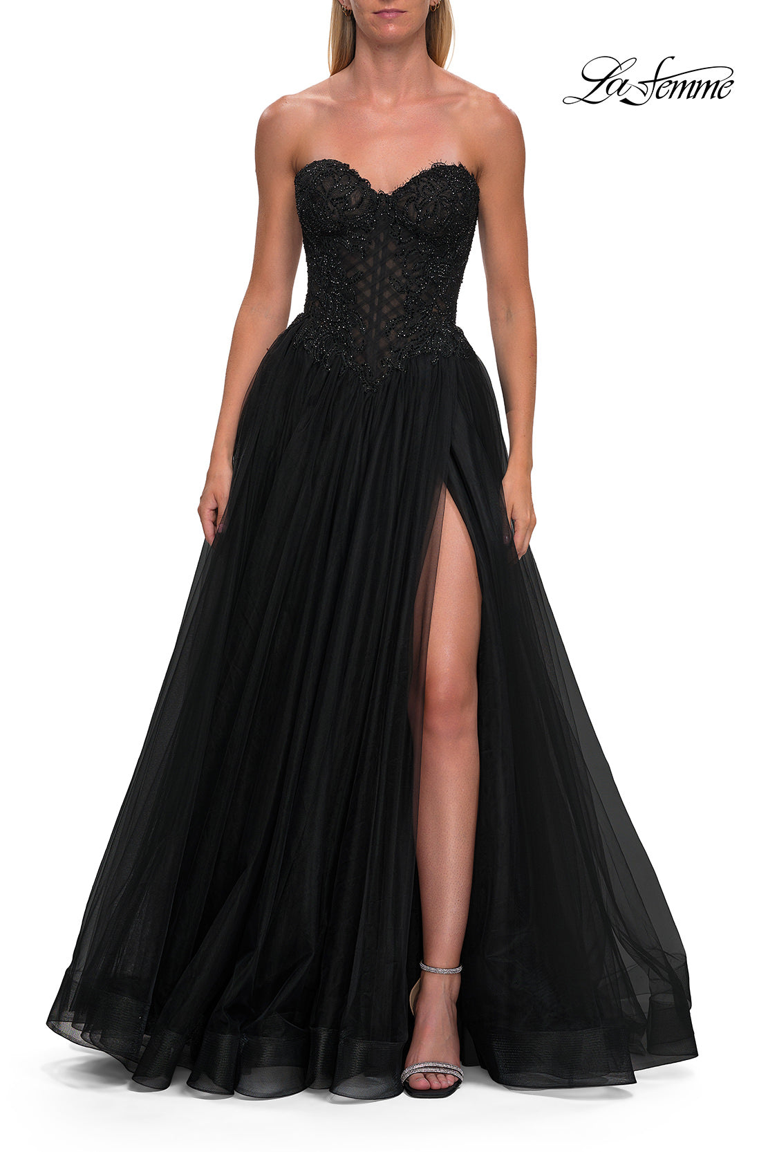 Picture of: Tulle Ball Gown with Beaded Corset Bodice and High Slit in Black, Style: 33410, Detail Picture 9