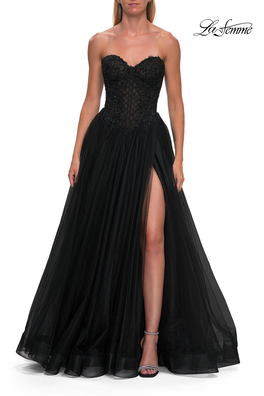 Picture of: Tulle Ball Gown with Beaded Corset Bodice and High Slit in Black, Style: 33410, Detail Picture 9