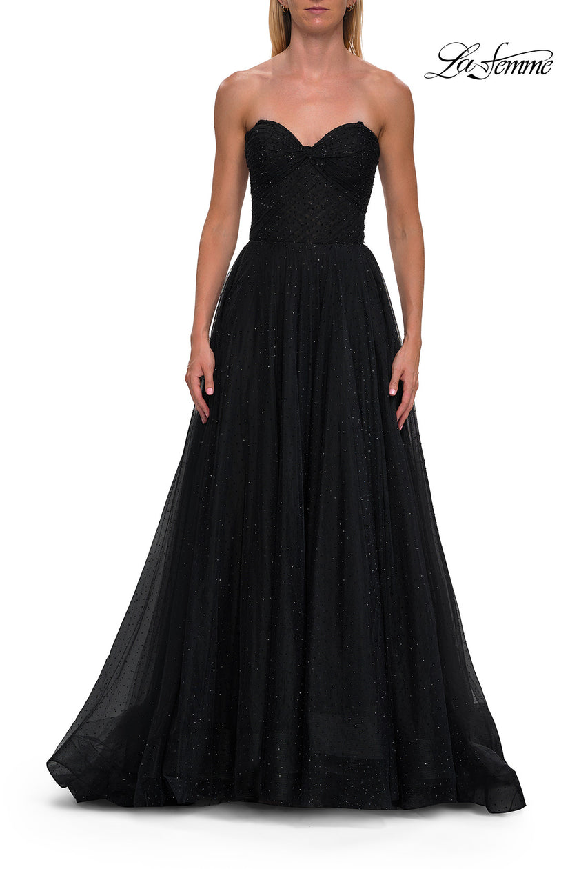 Picture of: Strapless Rhinestone Ball Gown with High Slit in Black, Style: 33488, Detail Picture 9