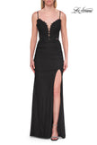 Picture of: Ruched Jersey Gown with Beaded Bodice and High Slit in Black, Style: 33665, Detail Picture 9