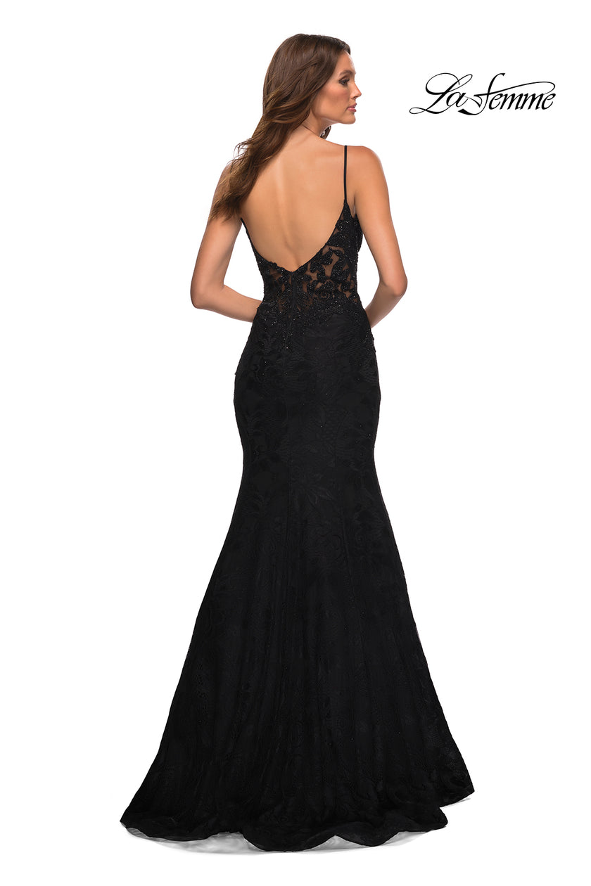 Picture of: Mermaid Lace Prom Dress with Sheer Jeweled Bodice in Black, Detail Picture 10