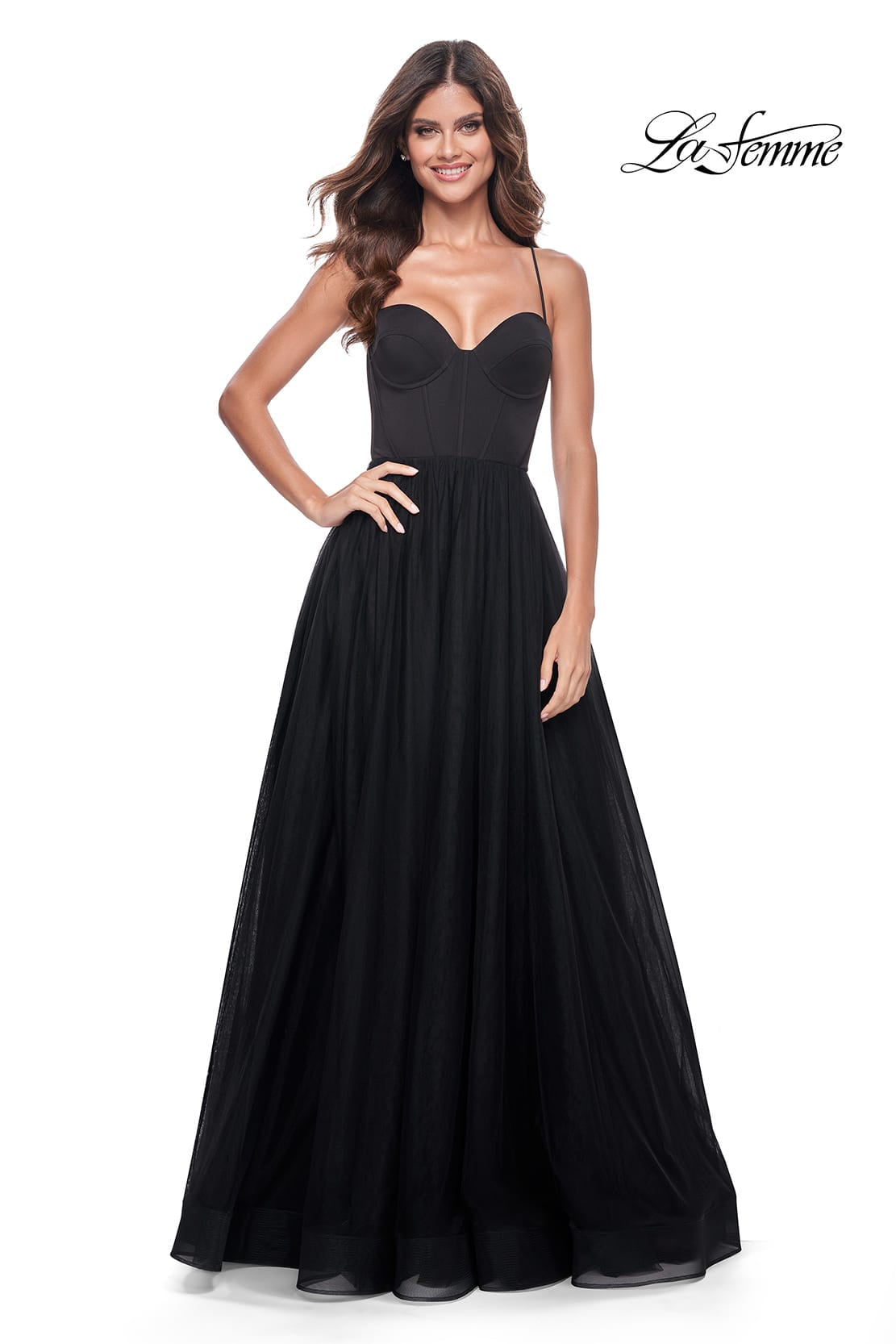 Picture of: Tulle A-Line Gown with Satin Bustier Top in Black, Style: 32065, Detail Picture 10